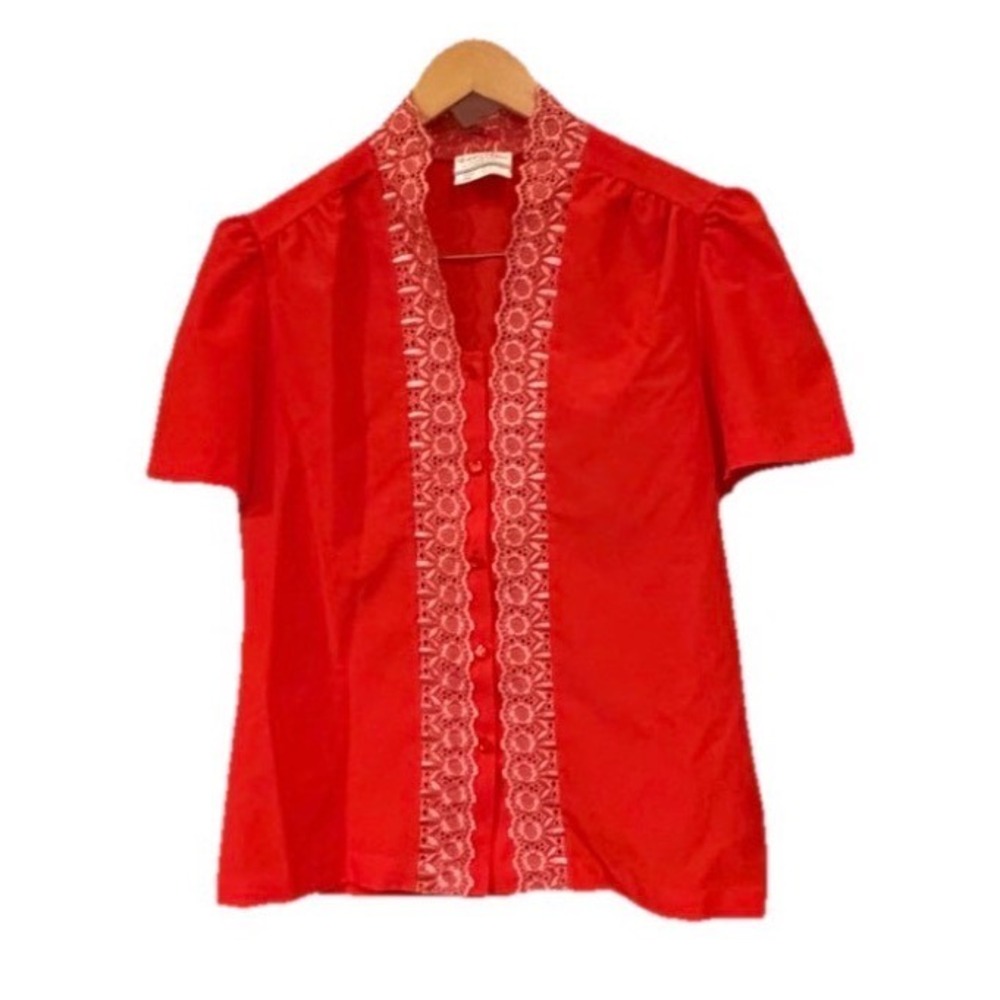 Vtg 80s‎ NWT Lee Mar Pageant Red Lace Trim Short Sleeve Button Top sz 14 fits m